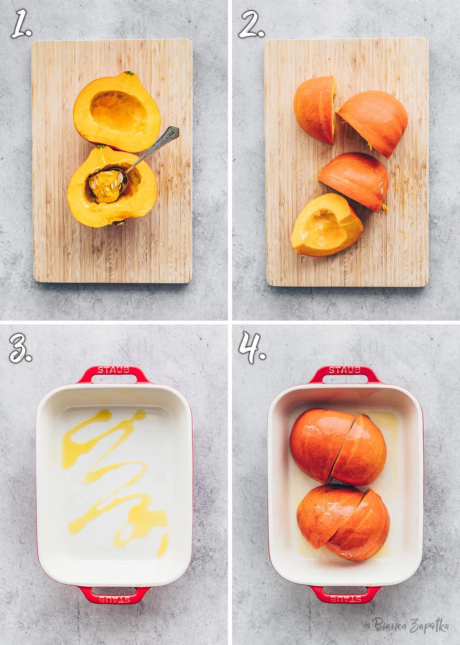 Kürbishälften werden im Ofen geröstet, um ihr volles Aroma zu entfalten