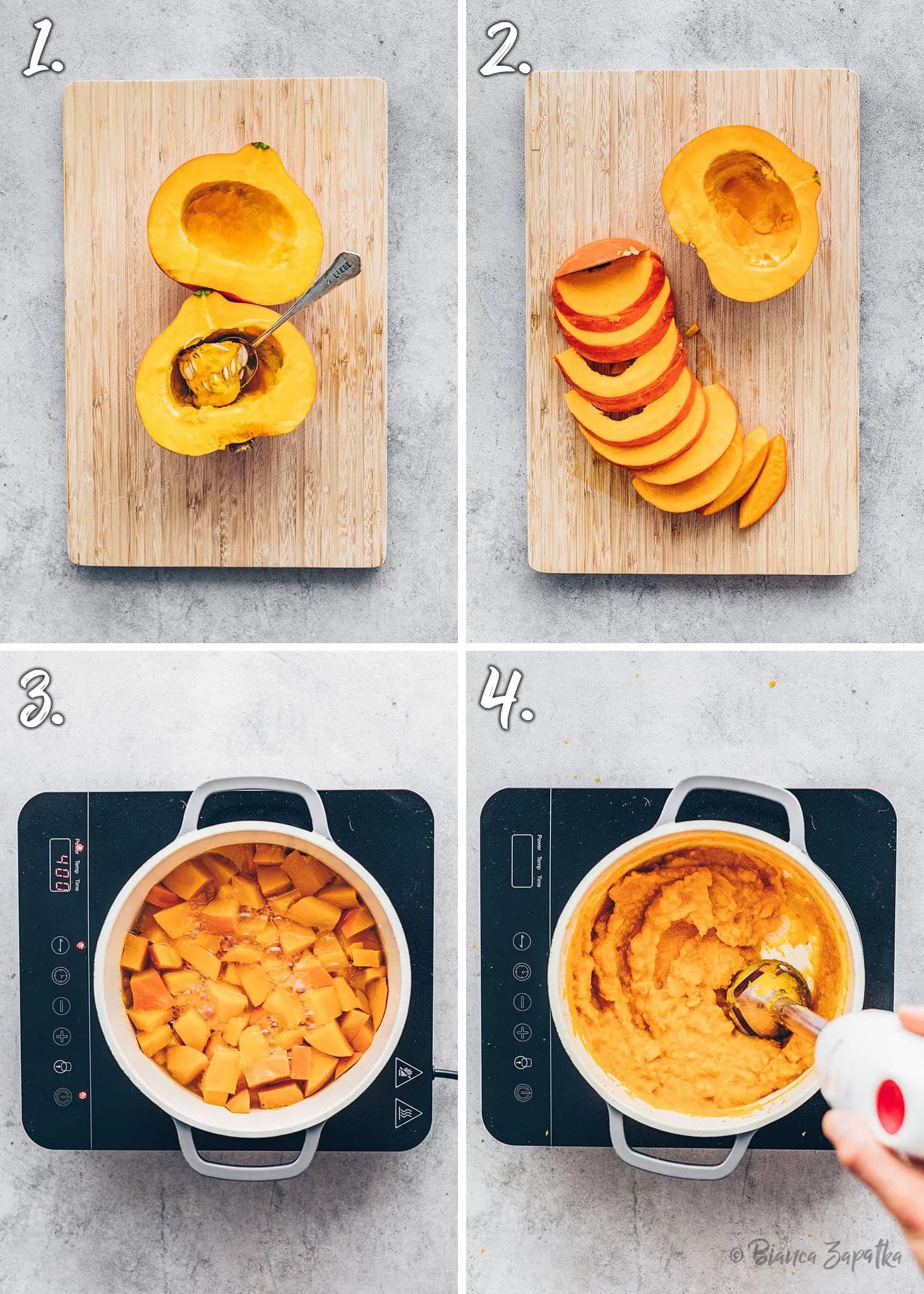 Kürbisstücke werden in einem Topf gekocht, um ein weiches Püree zu erhalten