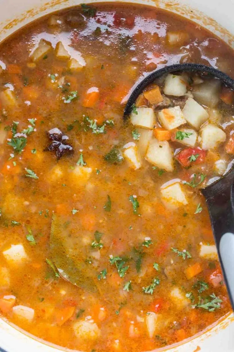 Lagman-Suppe im Topf mit einer Schöpfkelle bereit zum Servieren.