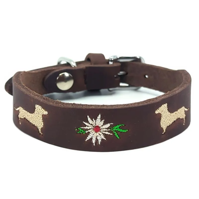 Lederhalsband im Trachtenlook mit Edelweiß-Stickerei für Dackel.