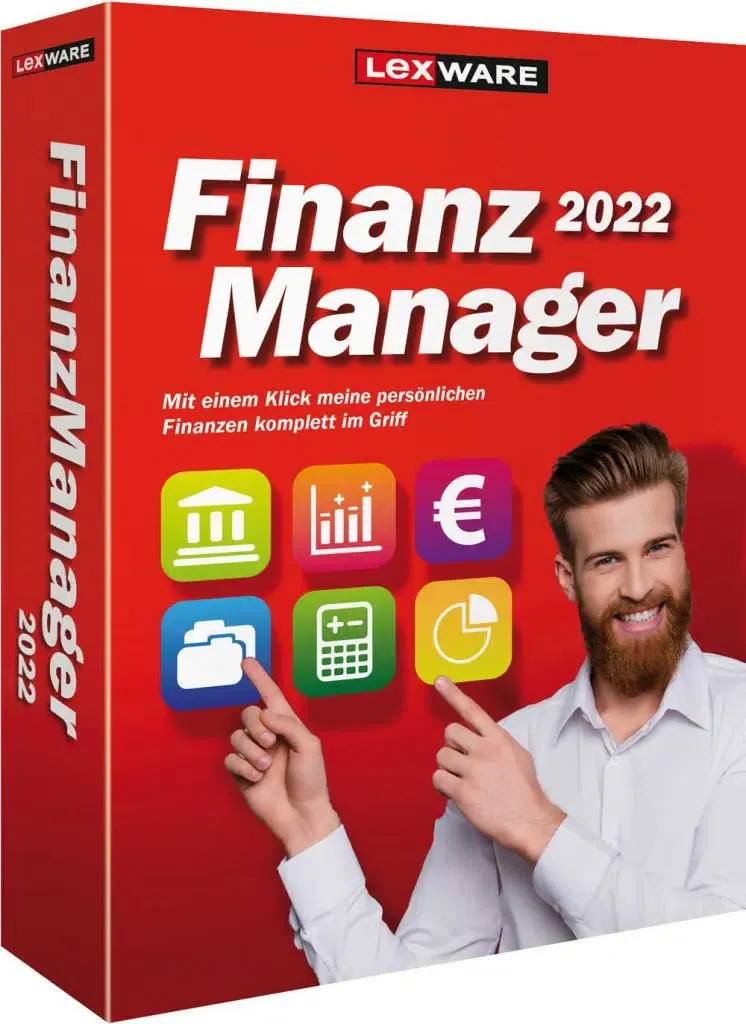 Lexware FinanzManager 2022 Softwarebox 3D-Ansicht mit Benutzeroberfläche und Jahreszahl