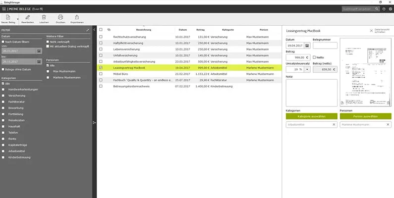 Lexware FinanzManager Deluxe 2021 Benutzeroberfläche zur Belegerfassung und Kategorisierung von Ausgaben