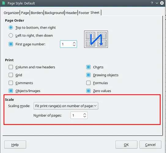 LibreOffice Calc Seiteneinstellungen: Skalierungsmodus für eine Seite