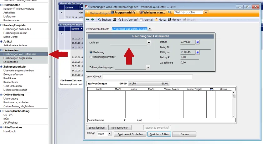 Lieferantenrechnung erfassen in Lexware büro easy plus 2015