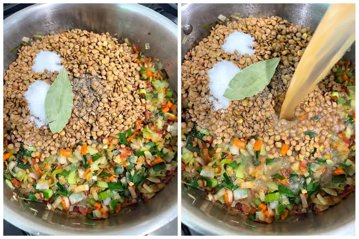 Linsen, Gewürze und Brühe werden in den Topf gegeben