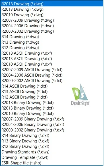 Liste aller unterstützten Dateiformate in DraftSight