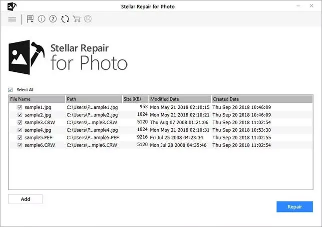 Liste der beschädigten CR3-Bilder in der Software Stellar Repair for Photo