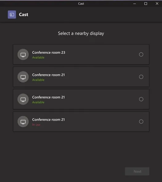 Liste verfügbarer Teams Rooms zur Auswahl für die Bildschirmübertragung