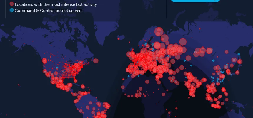 Live-Karte von Deteque, die weltweite Botnet-Angriffe in Echtzeit visualisiert