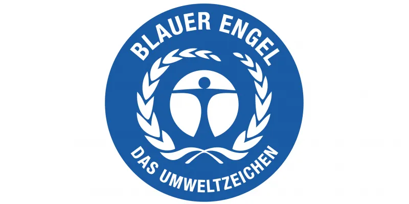 Logo des Blauen Engels, das einen Kreis mit einem Lorbeerkranz und einem blauen Engel-Motiv zeigt.