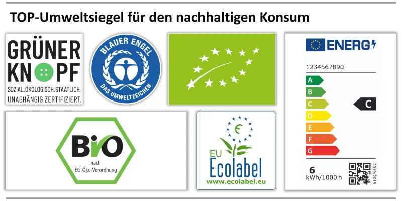 Logos von fünf besonders hilfreichen Siegeln: EU-Energielabel, Bio-Siegel, Blauer Engel, EU Ecolabel und Grüner Knopf.