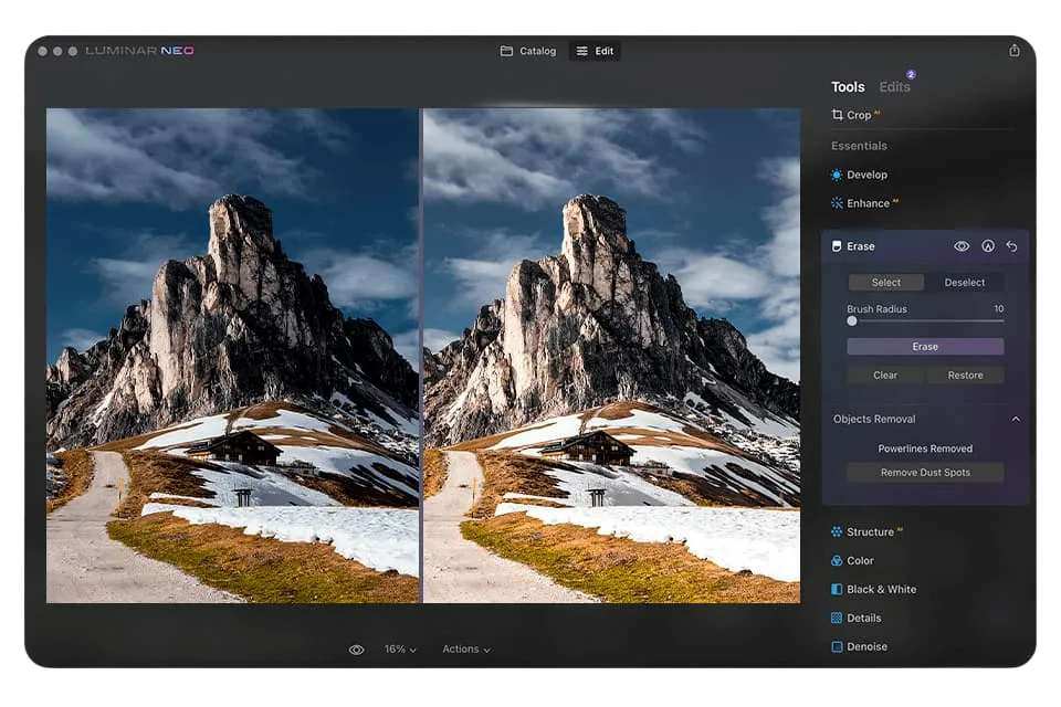 Luminar Neo Benutzeroberfläche für KI-Bildbearbeitung und Retusche