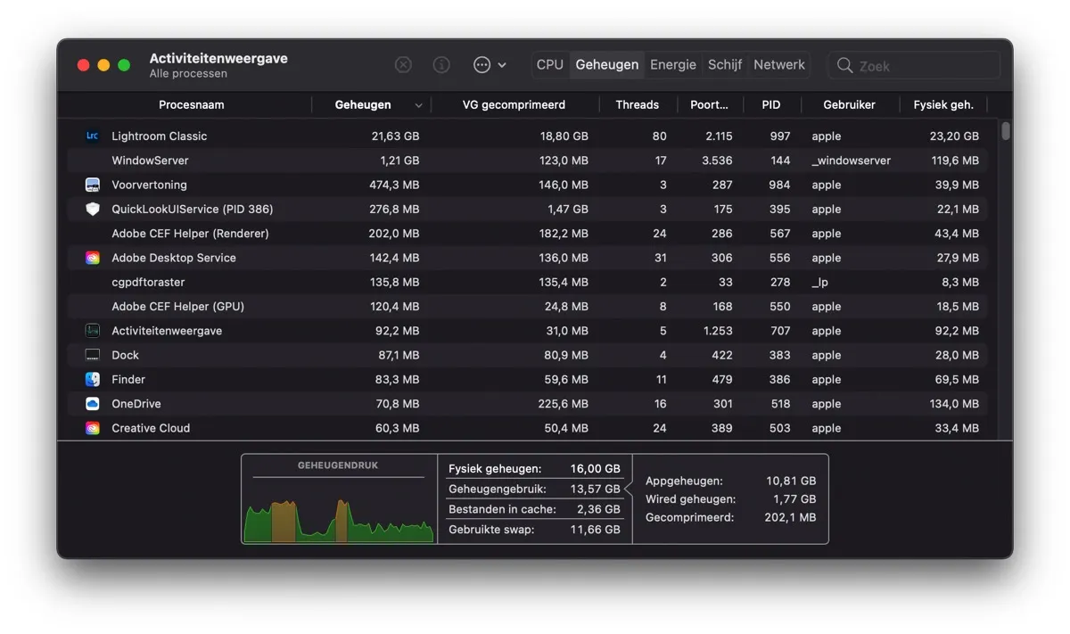 M1 Mac Mini Lightroom SWAP Nutzung im Vergleich zu MacBook Pro