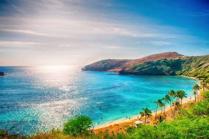 Majestätische Vulkanlandschaft auf Hawaii mit üppiger Vegetation und blauem Himmel