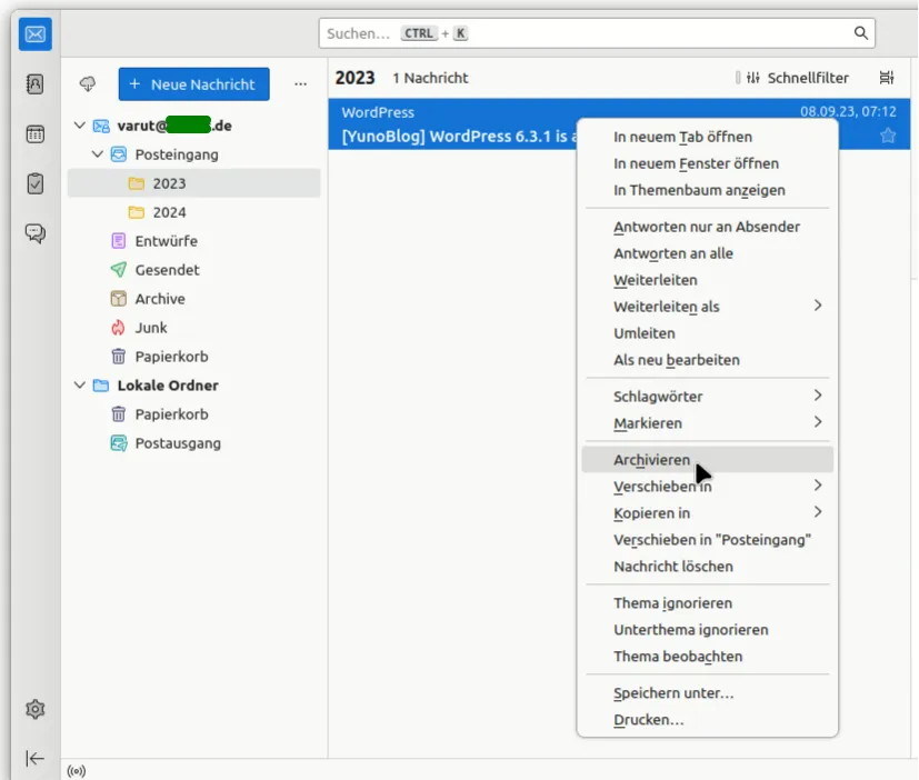 Manuelle Archivierung einer E-Mail in Thunderbird per Rechtsklick: Verschieben in den lokalen Archiv-Ordner