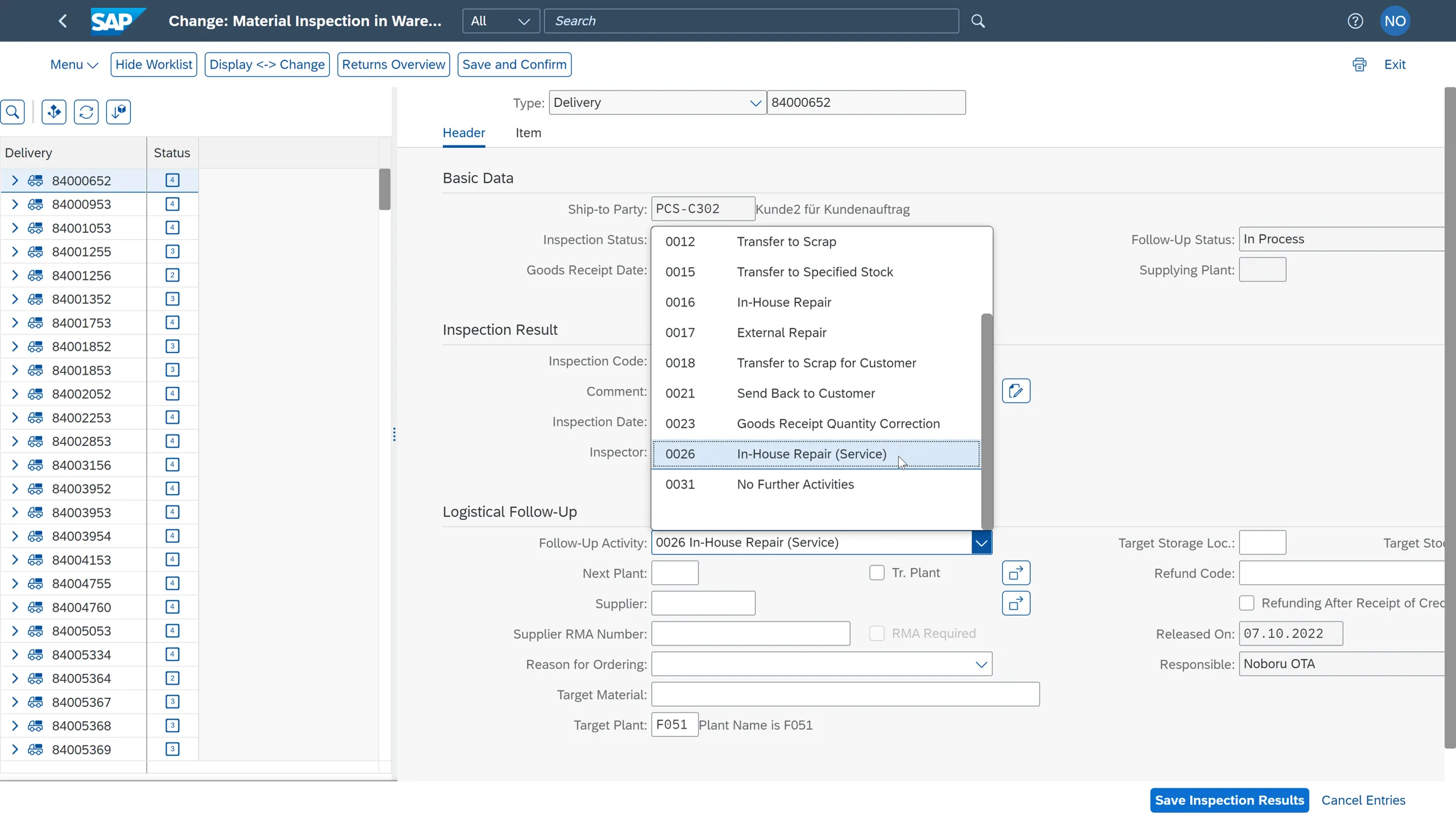 Materialinspektion im Lager mit Inhouse-Reparatur als Folgeaktivität in SAP S/4HANA 2022