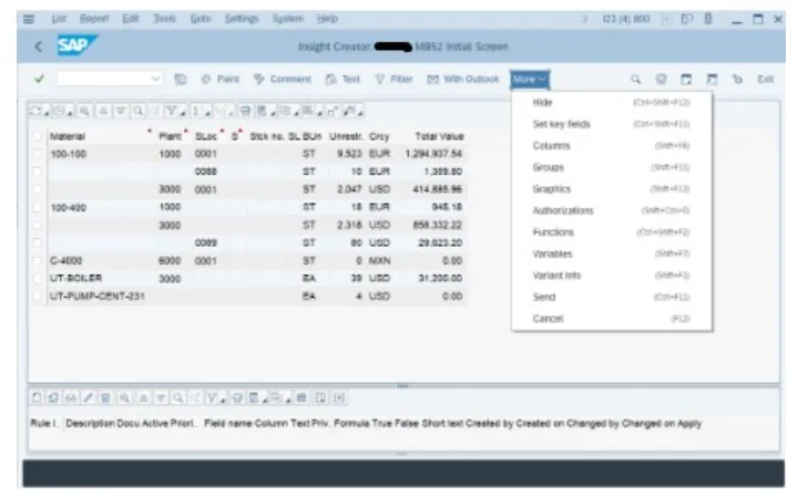 MB52 SAP Bericht im Insight Zap Creator Interface