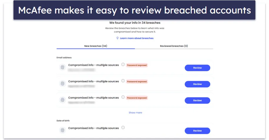 McAfee Benutzeroberfläche mit Web- und Datenbereinigungstools