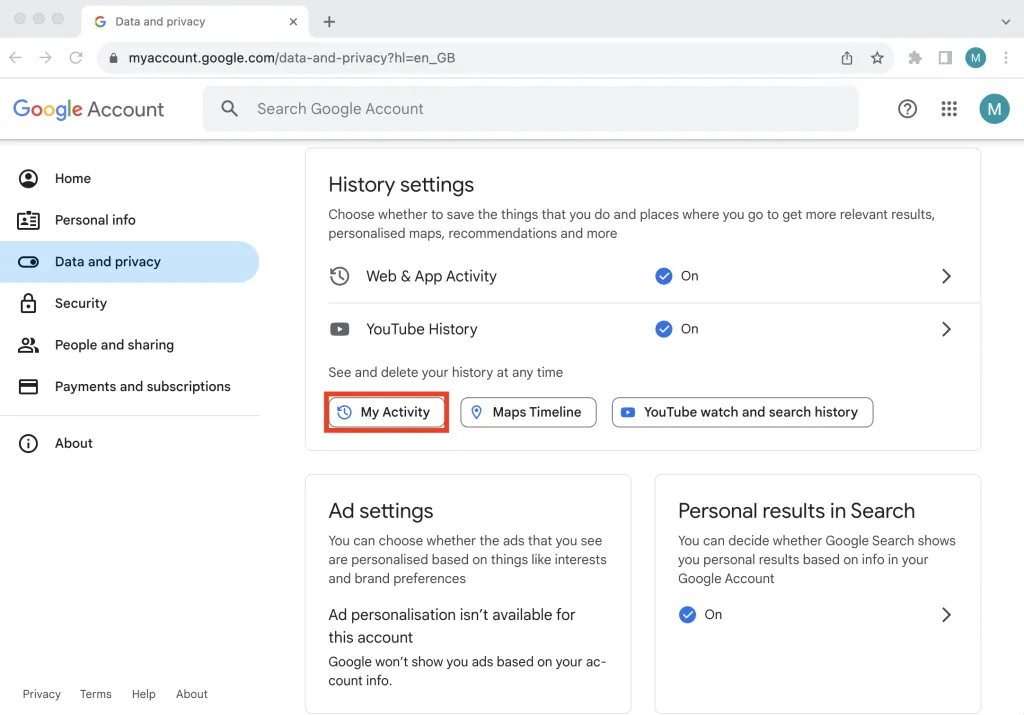 Meine Aktivitäten in Google Verlaufseinstellungen