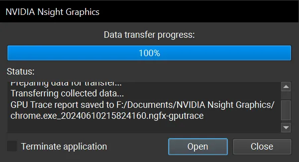 Meldung nach erfolgreicher Frame-Erfassung mit Nsight für WebGPU