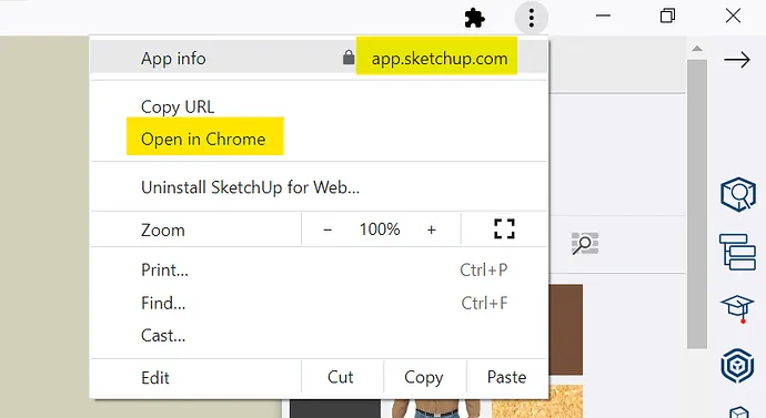 Menü "Anpassen und Steuern" einer SketchUp Web-App, das die Option zum Öffnen im Chrome-Browser zeigt.