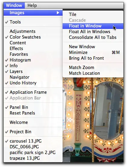 Menü &quot;Fenster&quot; in Photoshop Elements 9 mit der Option &quot;In Fenster schweben&quot;