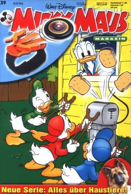 Micky Maus und Donald Duck mit Neffen und Toaster