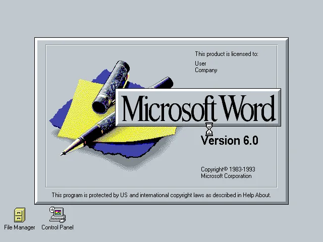 Microsoft Word 6.0 Windows Startbildschirm zeigt Benutzeroberfläche