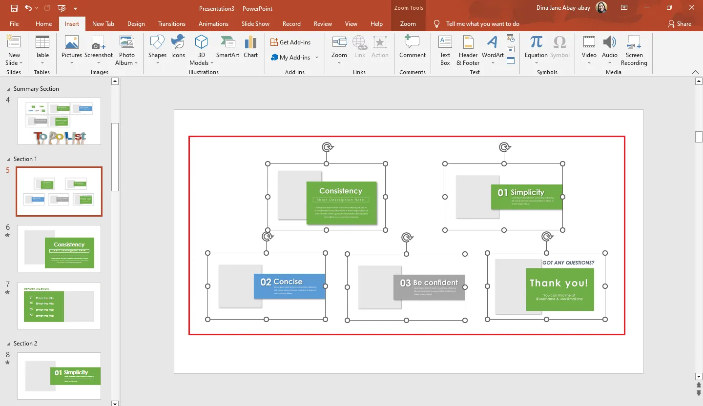 Miniaturansichten der Folien anordnen und verschieben für den Folienzoom