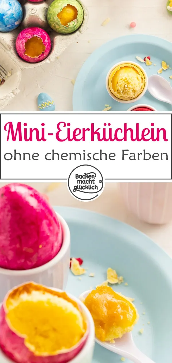 Mit Kuchenteig gefüllte Eierschalen werden in einem Muffinblech gebacken.