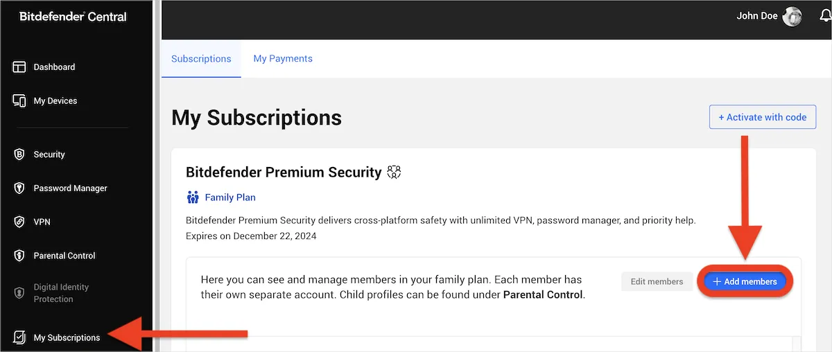 Mitglied zu Bitdefender Family Plan hinzufügen