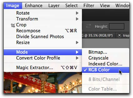 „Modus“-Menü in Photoshop Elements 9, das unterstützte Farbräume wie RGB anzeigt