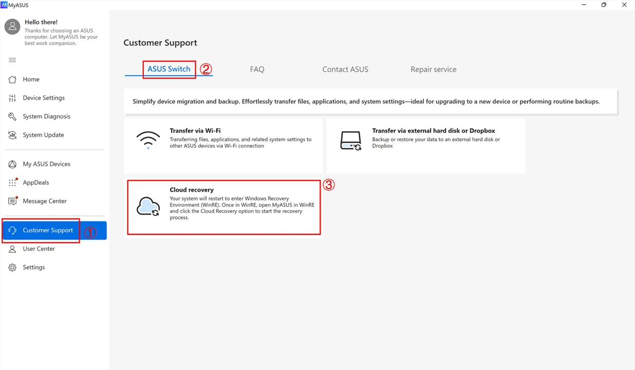 MyASUS Switch Cloud Recovery auswählen