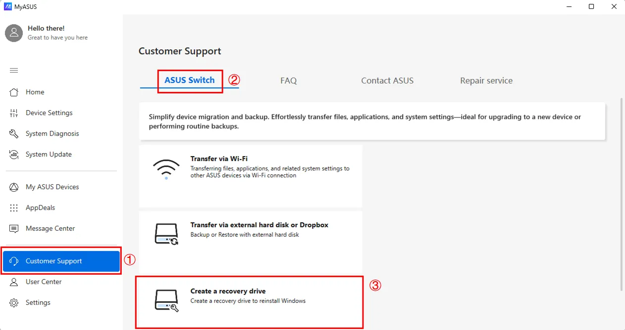 MyASUS Switch Wiederherstellungslaufwerk erstellen