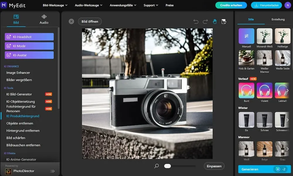 MyEdit Benutzeroberfläche zur Online-KI-Bildbearbeitung