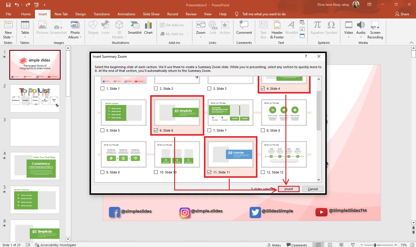 Nach Folienauswahl die Schaltfläche &quot;Einfügen&quot; für den Übersichtszoom klicken