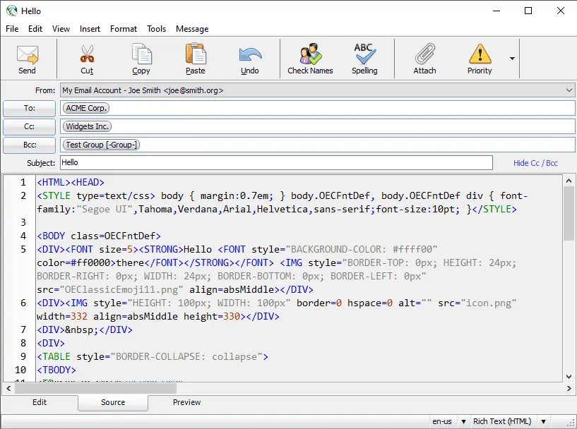 Nachrichten-Editor (Quellcode) in OE Classic, ermöglicht die direkte Bearbeitung des HTML-Quellcodes von E-Mails.