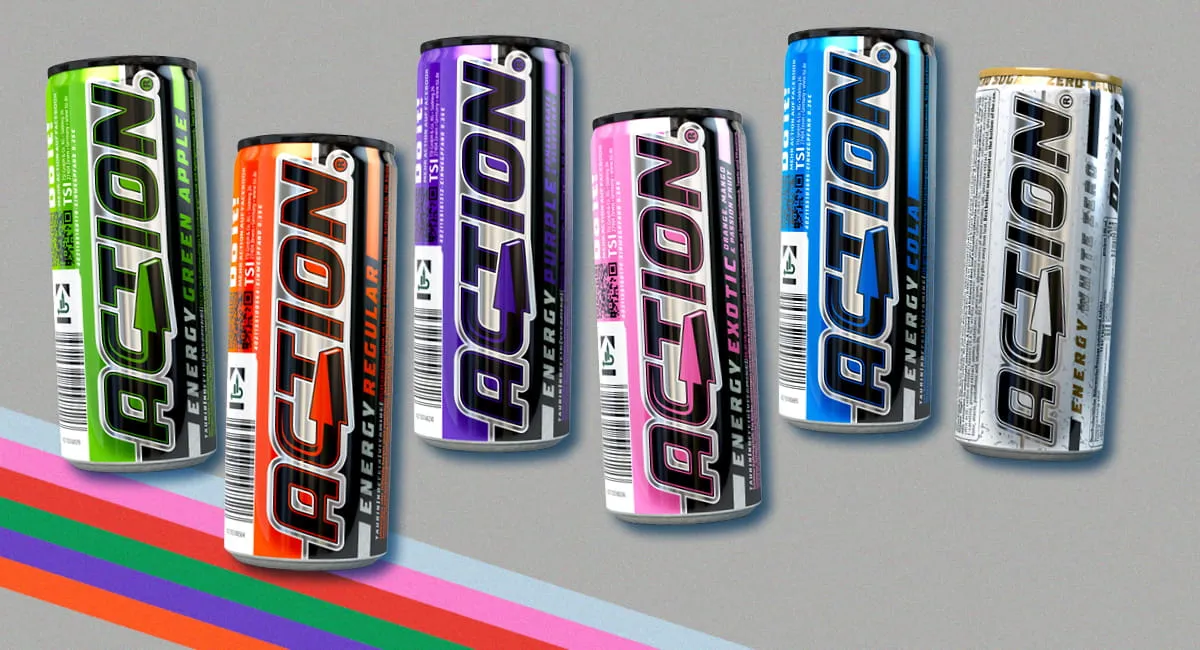 Nahaufnahme einer Dose Action Energy Drink mit dynamischem Design auf schwarzem Hintergrund