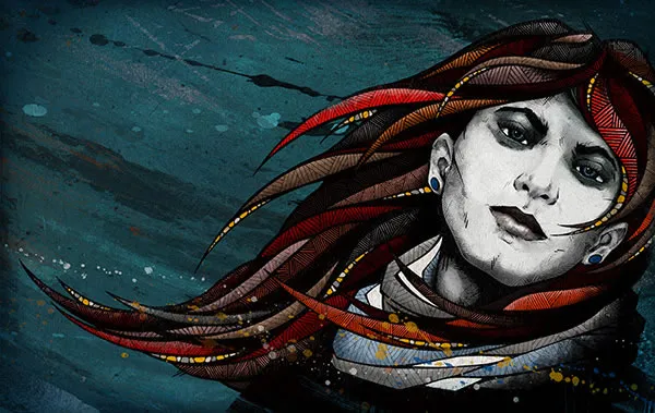 Nahaufnahme einer Mixed-Media-Illustration mit filigranen Details und Texturen