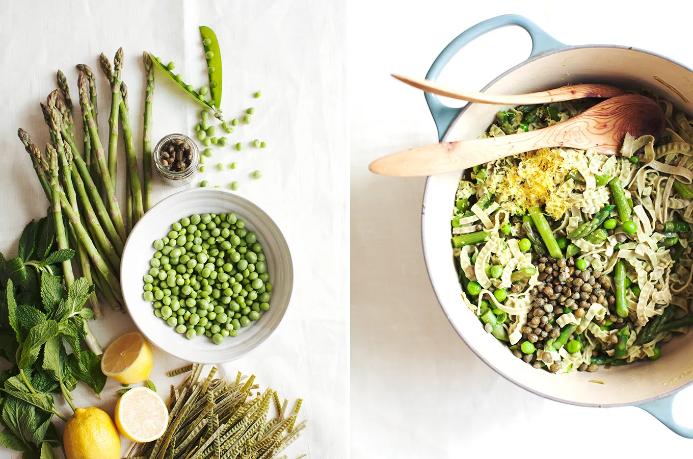 Nahaufnahme einer Portion One Pot Pasta, garniert mit Zitronenschale und frischer Minze