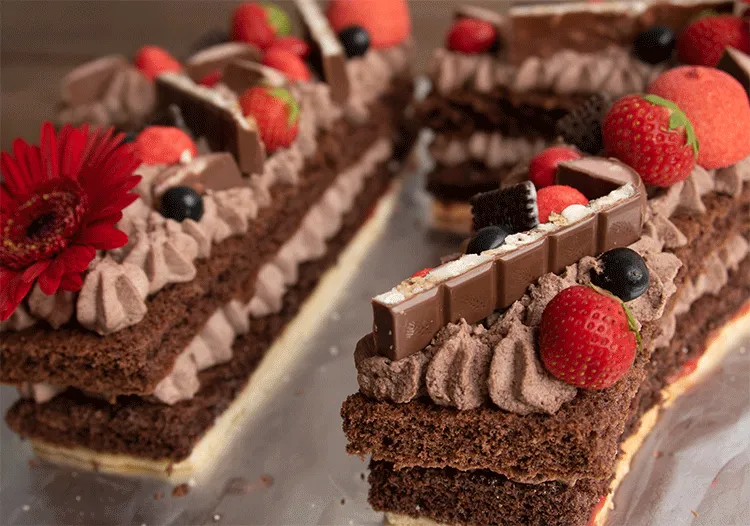 Nahaufnahme einer Zahlentorte für einen 19. Geburtstag mit Schoko-Biskuit, Erdbeersahne und frischen Erdbeeren, ideal für jugendliche Geschmäcker.