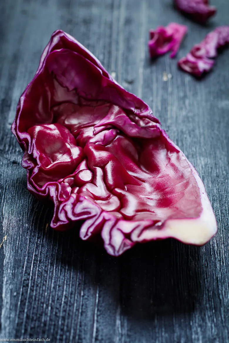 Nahaufnahme von fertig gekochtem Rotkohl mit einer Gabel in einer Schüssel