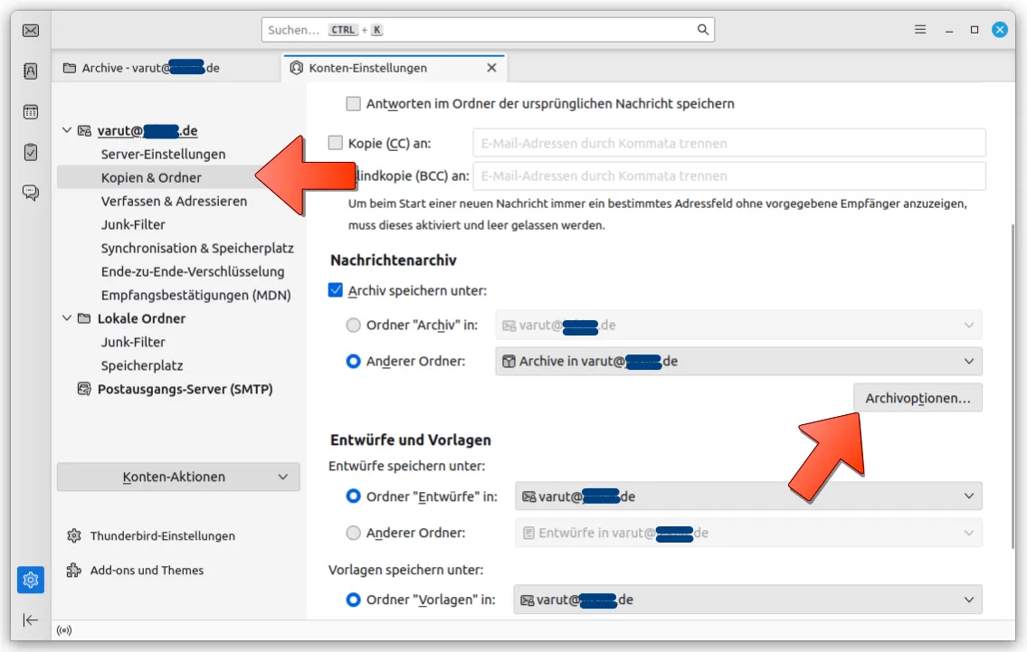 Navigation zu den Archivoptionen in Thunderbird, um die automatische E-Mail-Archivierung anzupassen