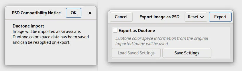Neue Dialoge beim Importieren (links) und erneuten Exportieren (rechts) eines PSD-Duplex-Bildes in GIMP 2.99.12