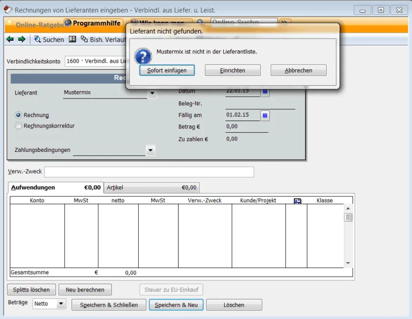 Neuen Lieferanten anlegen in Lexware büro easy plus