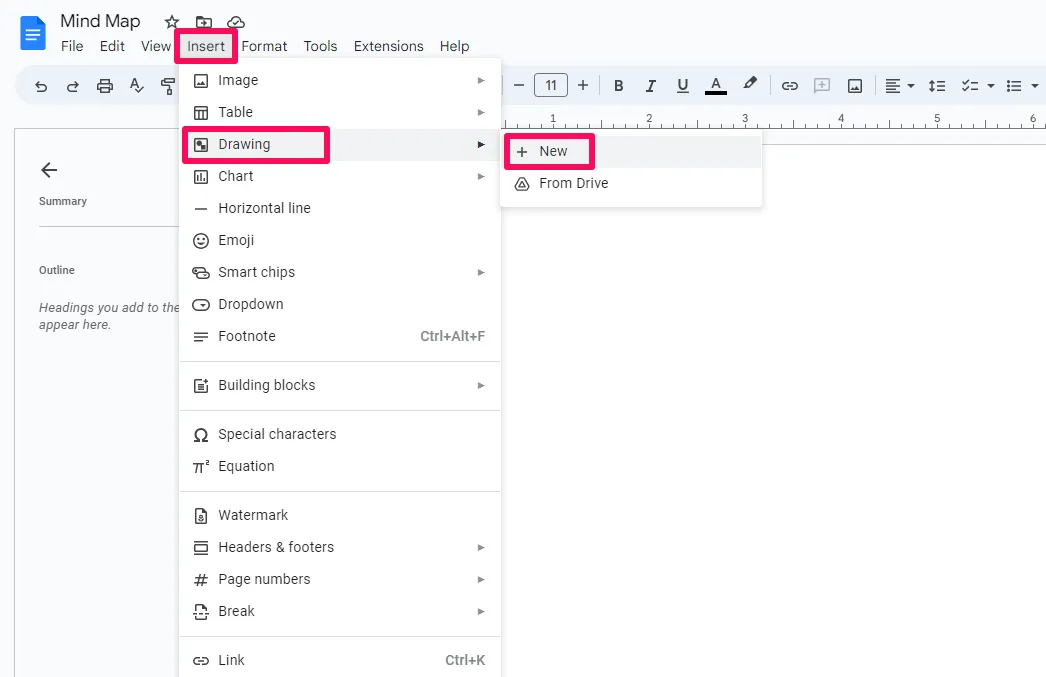 Neues Zeichenfeld einfügen in Google Docs