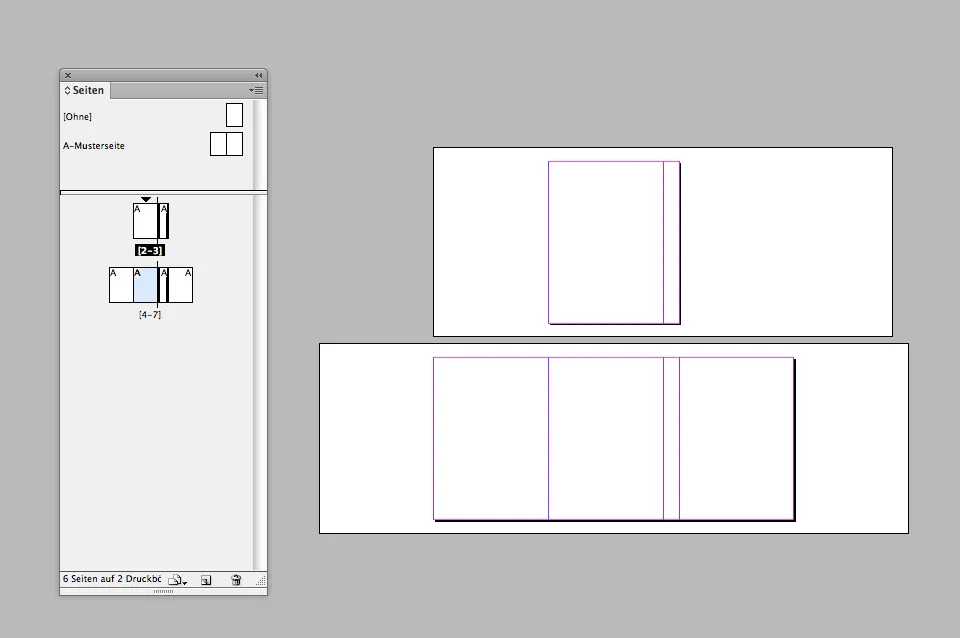 Neuordnung von Seiten im Seiten-Bedienfeld von InDesign zur Erstellung des Buchcover-Layouts.