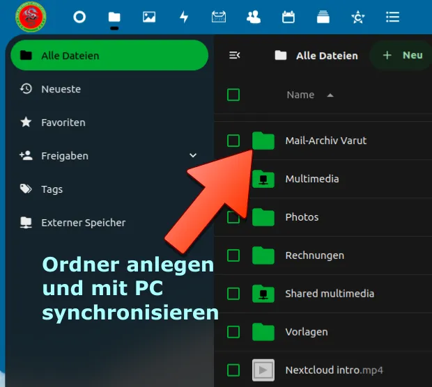 Nextcloud Oberfläche mit neuem Ordner "Mail-Archiv Varut" für die E-Mail-Archivierung