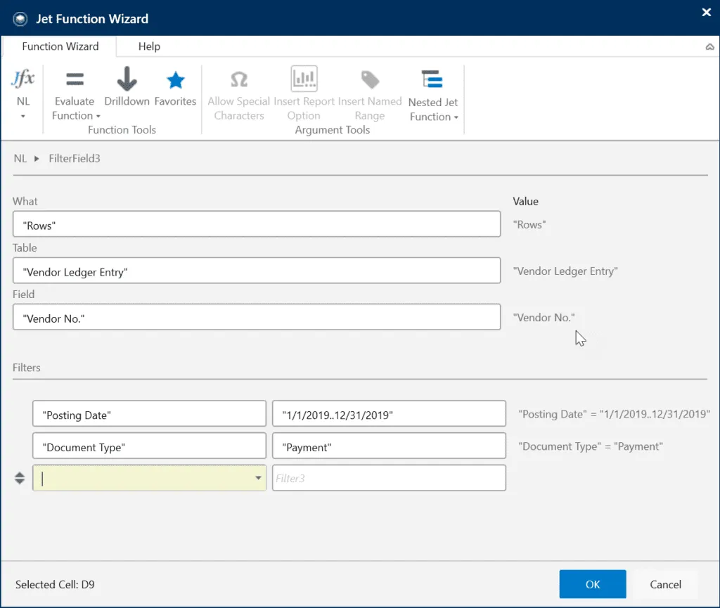 NL Funktion in Jet Reports