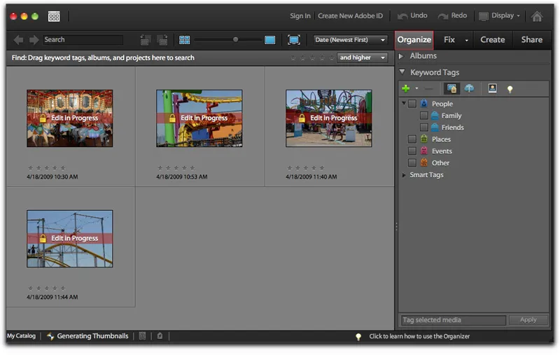 Oberfläche des Adobe Elements Organizer für Fotos und Videoclips